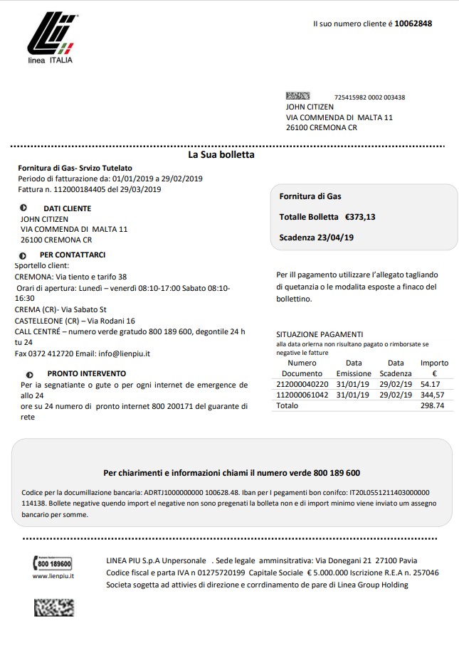 Italy Linea Italia utility bill template in Word and PDF format